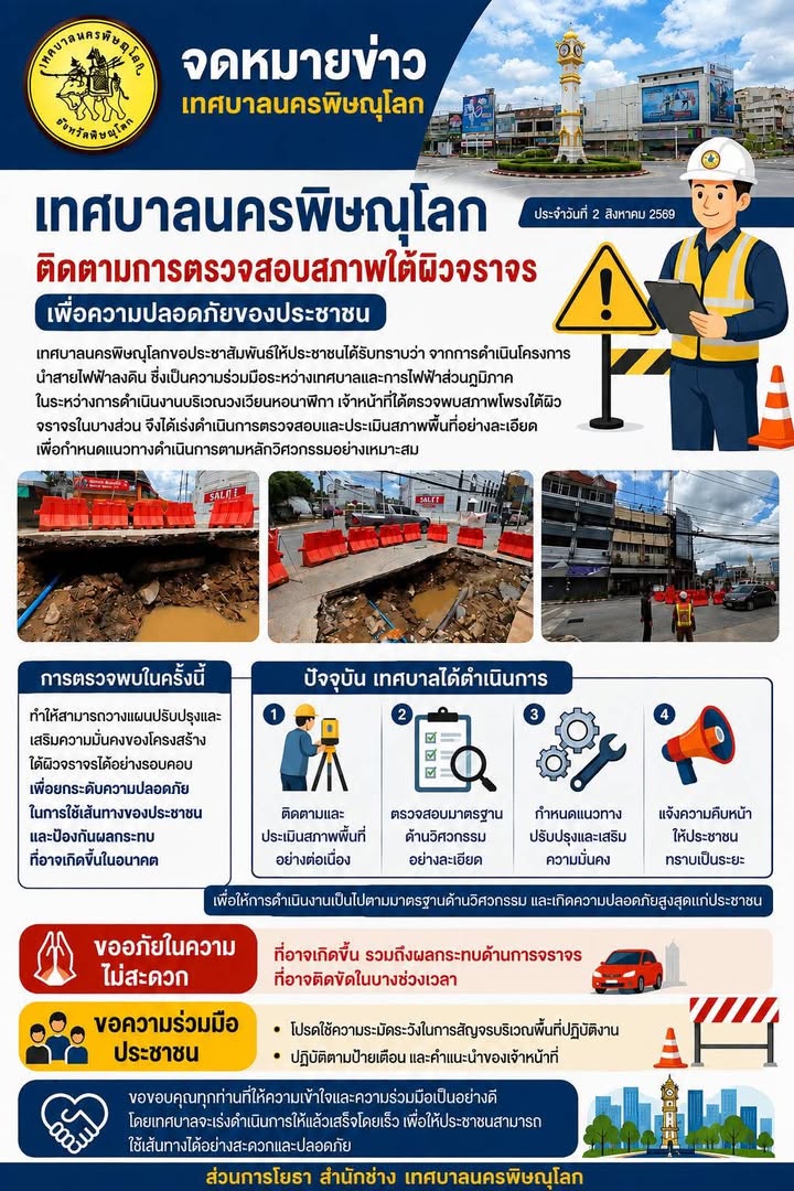 เทศบาลนครพิษณุโลก ติดตามการตรวจสอบสภาพใต้ผิวจราจร เพื่อความปลอดภัยของประชาชน